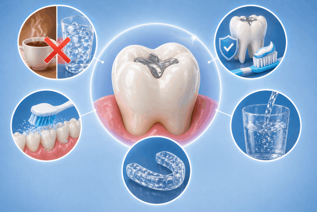 showing tips to manage tooth sensitivity after a filling including gentle brushing, avoiding hot and cold foods, hydration, and mouthguard use