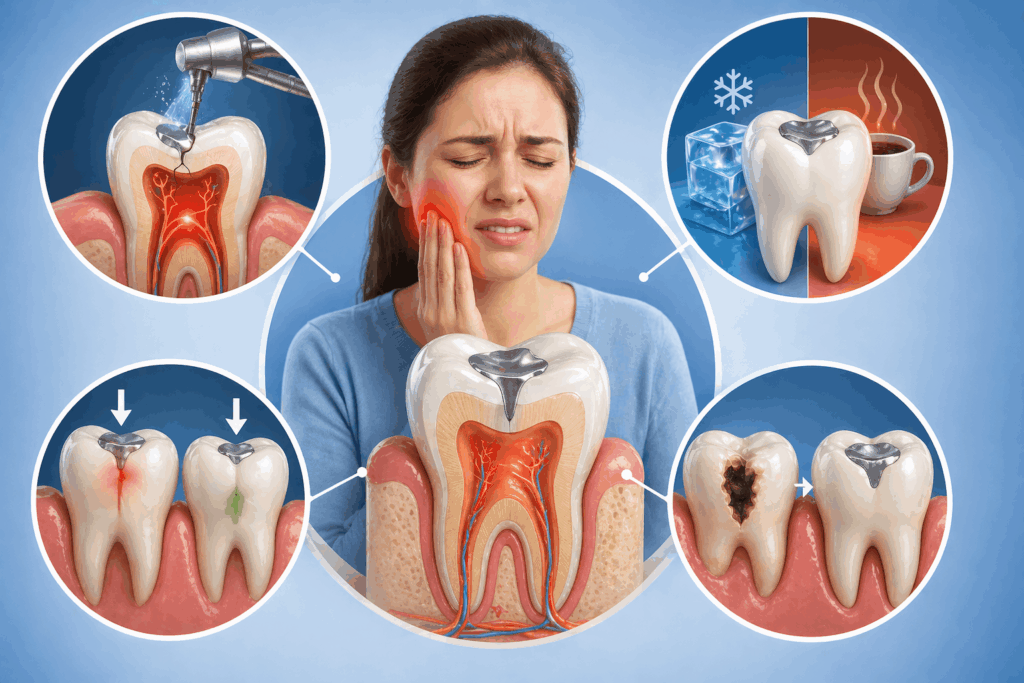 showing causes of tooth sensitivity after a dental filling including nerve irritation, temperature changes, bite pressure, and large cavity treatment